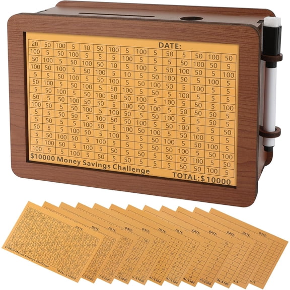 Wooden Cash Money Saving Box,Piggy Bank for Kids & Adults,10000 Savings Challenge Box,Coin Bank Toys Gift for 3-12 Year Old Boys & Girls (Upgraded 12 Amounts)