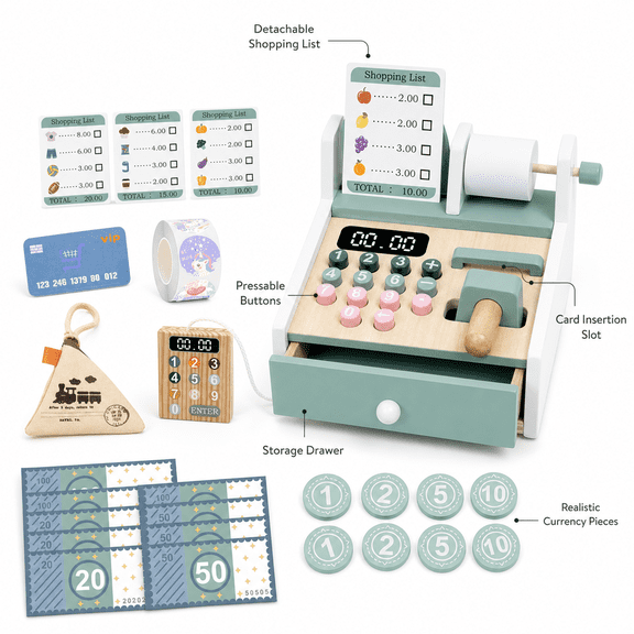 Wooden Cash Register for Kids, Pretend Play Money Counting Toy with Scanner and Credit Card, Toddler Educational Grocery Store Toy with Stickers and Coin Purse, Role Play Gift for Boys and Girls