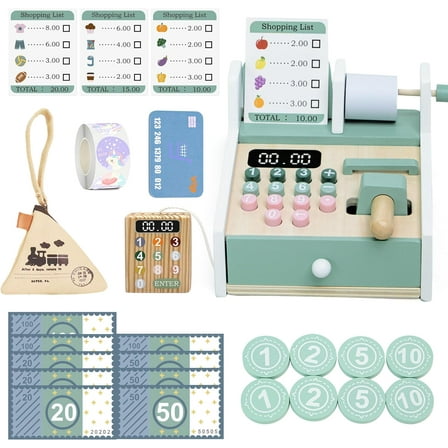 Wooden Cash Register for Kids, Pretend Play Money Counting Toy with Scanner and Credit Card, Toddler Educational Grocery Store Toy with Stickers and Coin Purse, Role Play Gift for Boys and Girls