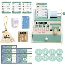 Wooden Cash Register for Kids, Pretend Play Money Counting Toy with Scanner and Credit Card, Toddler Educational Grocery Store Toy with Stickers and Coin Purse, Role Play Gift for Boys and Girls