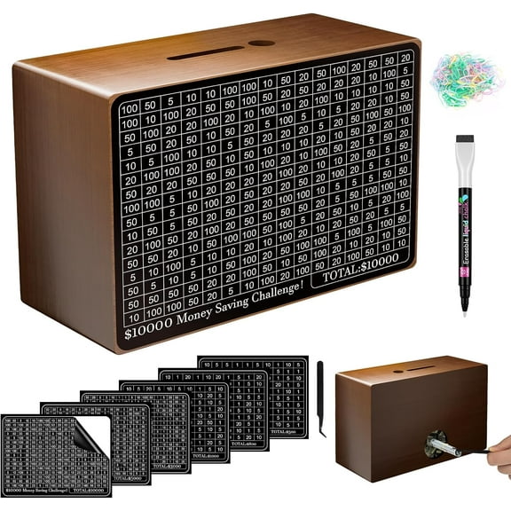 Wooden Cash Savings Box with Counter, Vault Bank for $10000 $5000 $3000 Target Money Challenge, Reusable Money Box with Dry Erase Pen/Savings Trackers/Rubber Band - Brown
