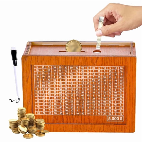 Wooden Cash Vault Money Box Money Bank, Countdown Money Saving Box with 5000 Dollars Target, Savings Challenge Box with Money Target and Numbers