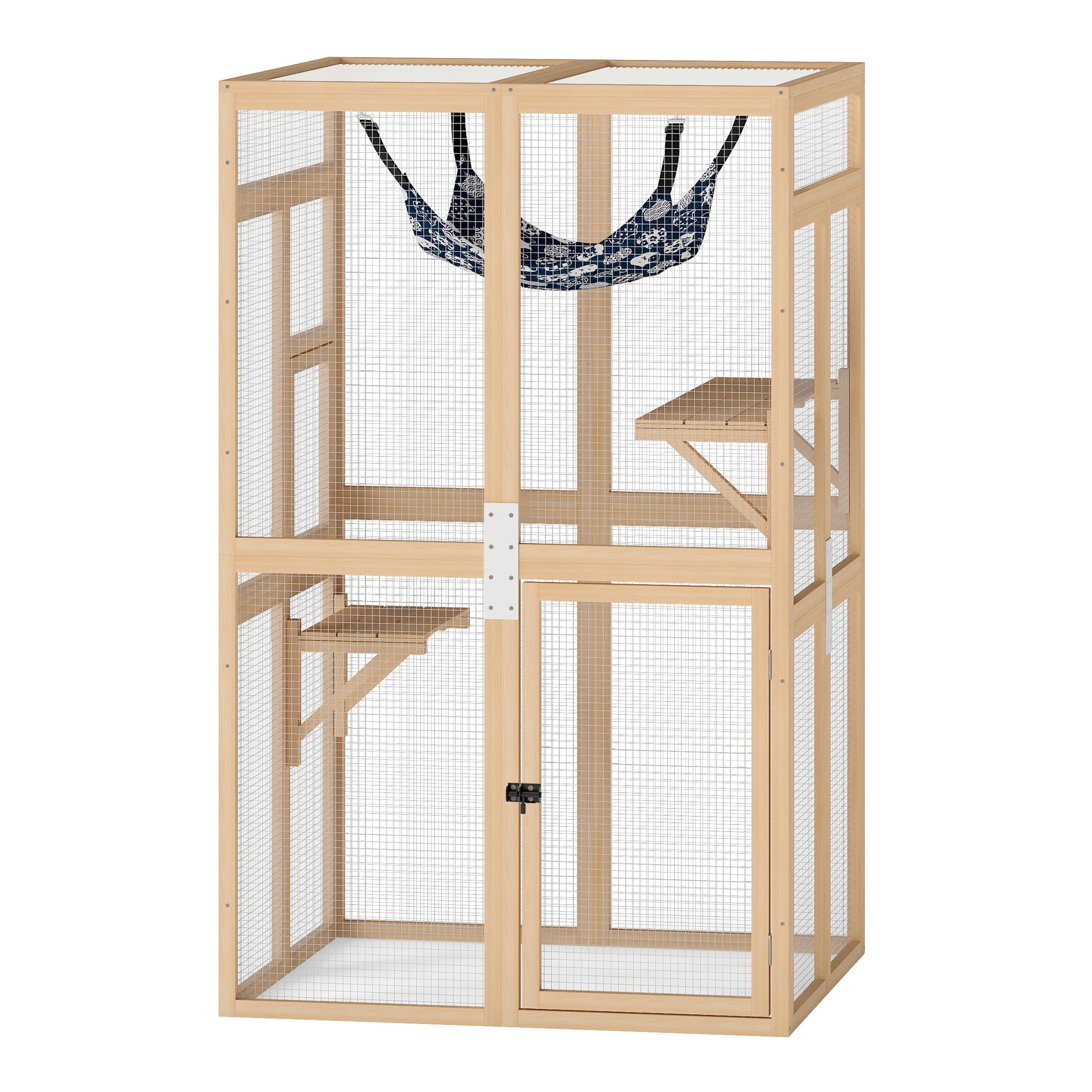 Wooden Cat Catio, Outdoor Cat Enclosure, Cat House with Platforms, Sunshine Board, Hammock, Door, Kitten Cage Condo,Burlywood