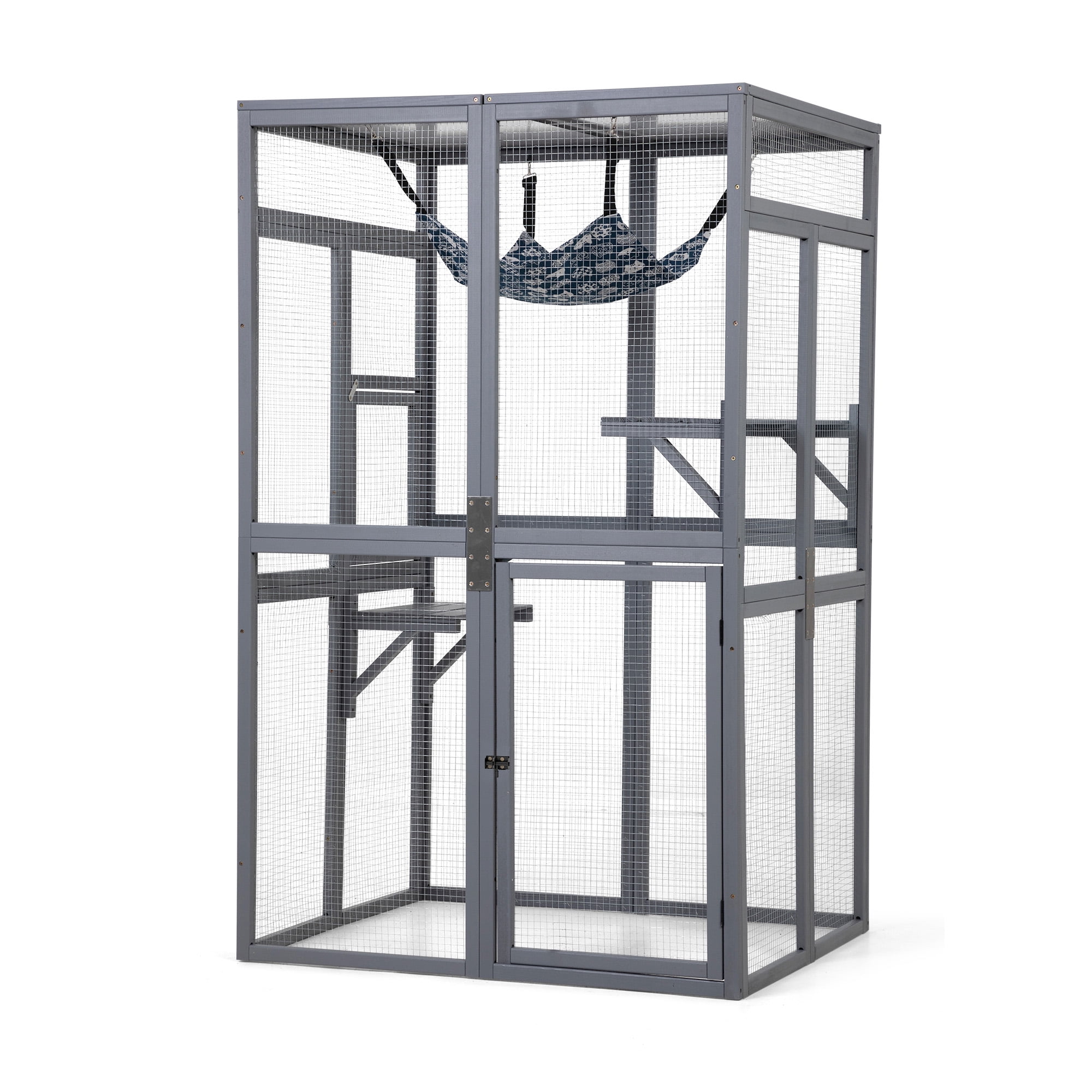 Wooden Cat Catio, Outdoor Cat Enclosure, Cat House with Platforms, Sunshine Board, Hammock, Door, Kitten Cage Condo, Grey