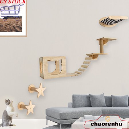 Wooden Cat Climbing Frame w/ Star Scratching Posts & Hammock & Bridge Ladder Set
