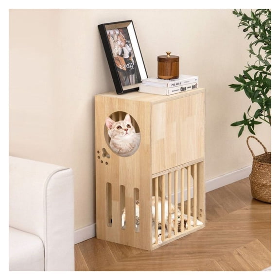 Wooden Cat Condo 2-Tier, Indoor Cat House with Cushions - Natural & White - Kitten Furniture for 2 Cats - Pine Wood, Spacious & Sturdy