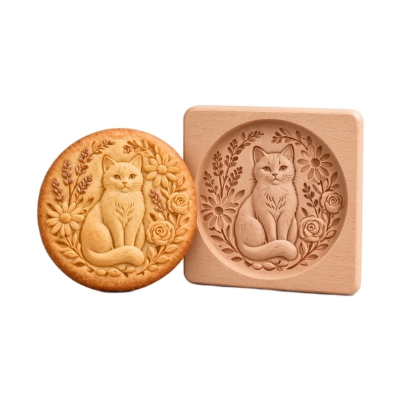 Wooden Cat Cookie Mold, Single Square Biscuit Press, Deeply Carved Floral Cat Biscuit Press for Shortbread Baking, Botanical Wreath Artisan Cookie for Beginners Holiday Gift
