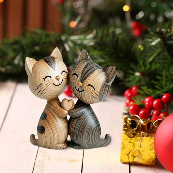 Wooden Cat Couple Statue 2D Minimalist Animal Desk Decor for Home Office Tabletop Bookshelf Pet Lover Gift Housewarming Living Room Decorations