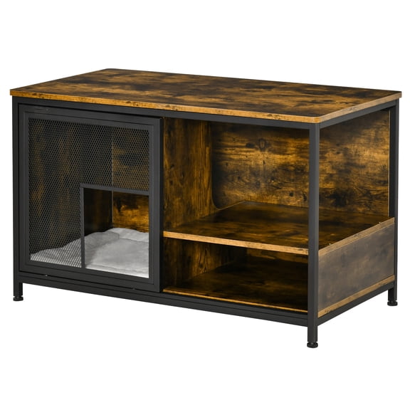 Wooden Cat Crate Dog Cage, End Table Pet Kennel, Rustic Brown
