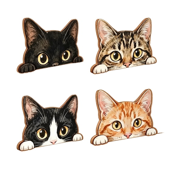 Wooden Cat Face Figurine Set of 4, Watercolor Kitty Wall Hanging Decor with Black Tabby & Calico, Rustic Farmhouse Shelf Decor for Home Office Desk