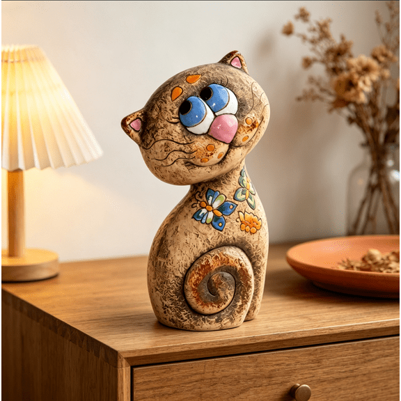 Wooden Cat Figurine Statue, Whimsical Sculpture for Home Decor Shelf Desk Tabletop, Artistic Craft Ornament, Hand-Painted Details, Perfect Gift for Cat Lovers, 1PC