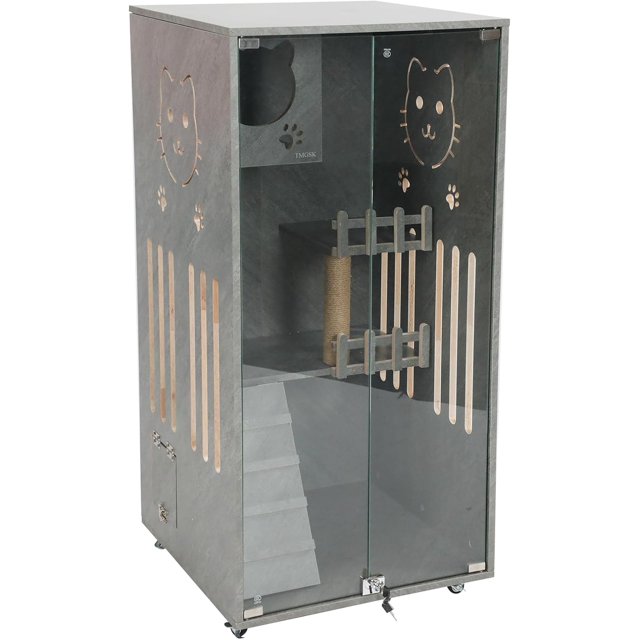 Wooden Cat House Large Space Wood Cat Cage with Scratching Post and