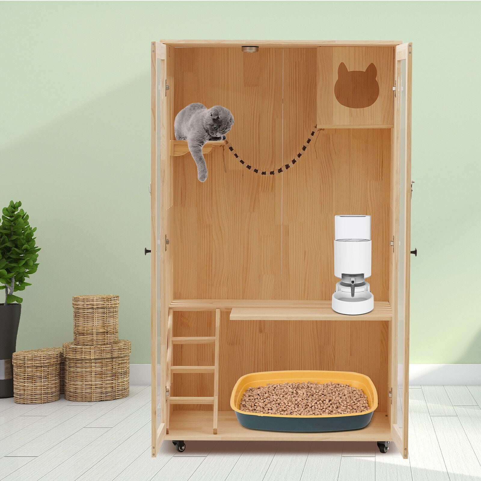 Wooden Cat House Large Wooden Cat Cage Condo Enclosed Pine Wood