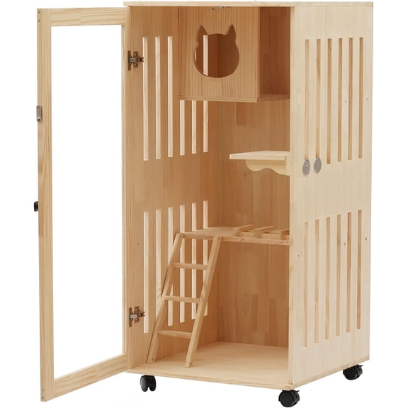 Wooden Cat Houses Large Luxury Cat Villa with Wheels Ventilated Cat Condo for Outdoor and Indoor, Cat Shelter with Scratching Posts for Multiple Cats