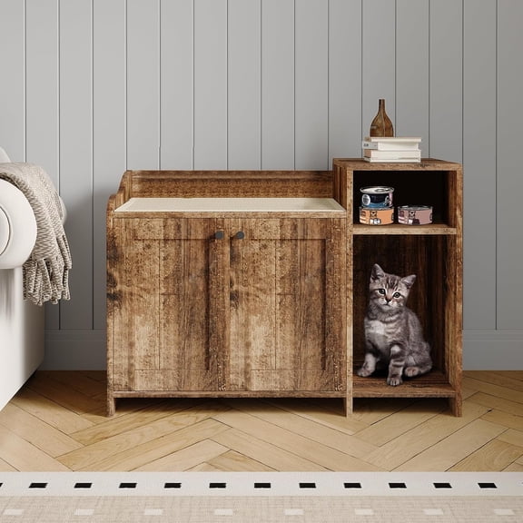 Wooden Cat Litter Box Cabinet - Storage Shelf and Double Door - Hidden Anti-Dog Design - Retro Style Side Table - Fits Most Litter Boxes,Rustic Brown