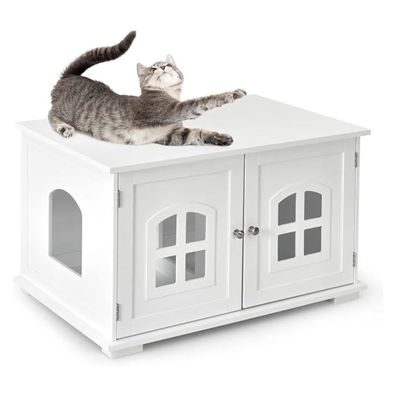 Wooden Cat Litter Box Enclosure Furniture , Kitty Washroom Storage Cabinet with Windows, Double Door, Litter Box End Table for Living Room, Bedroom, White