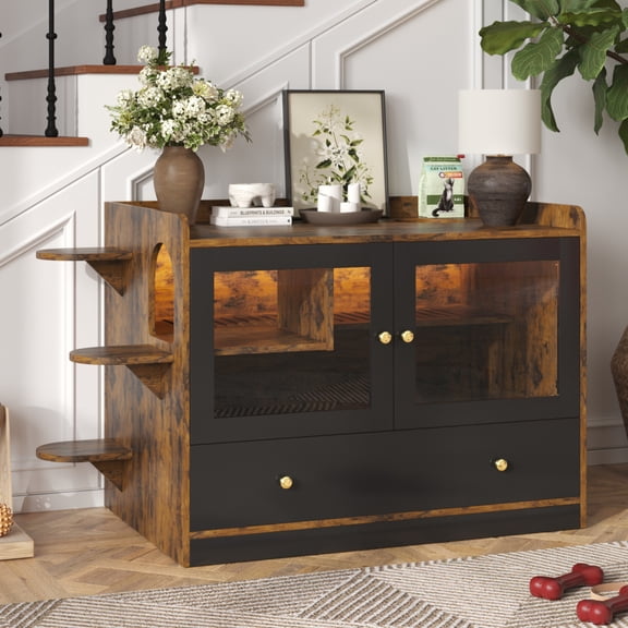 Wooden Cat Litter Box Enclosure Furniture with Easy-Clean Bottom Drawer, Hidden Cat House Side Table with Climbing Stairs & Glass View Doors