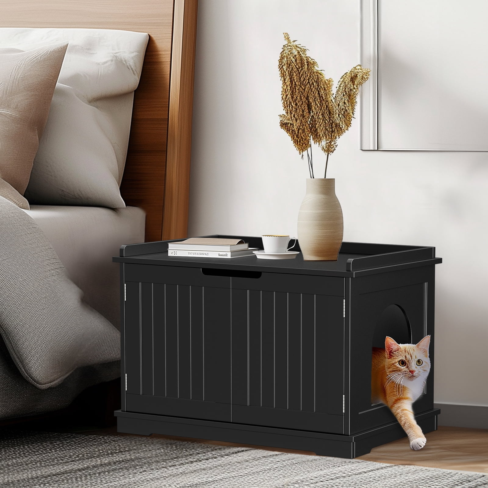 Wooden Cat Litter Box Enclosure Pet House Storage Cabinet Bench Indoor ...