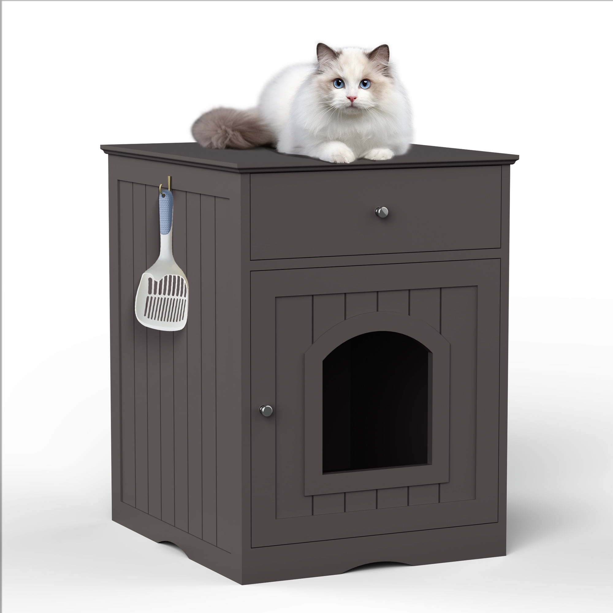 Wooden Cat Litter Box Enclosure with Drawer, Coffee Brown Indoor Pet Crate & End Side Table Nightstand, Hidden Cat Washroom Furniture