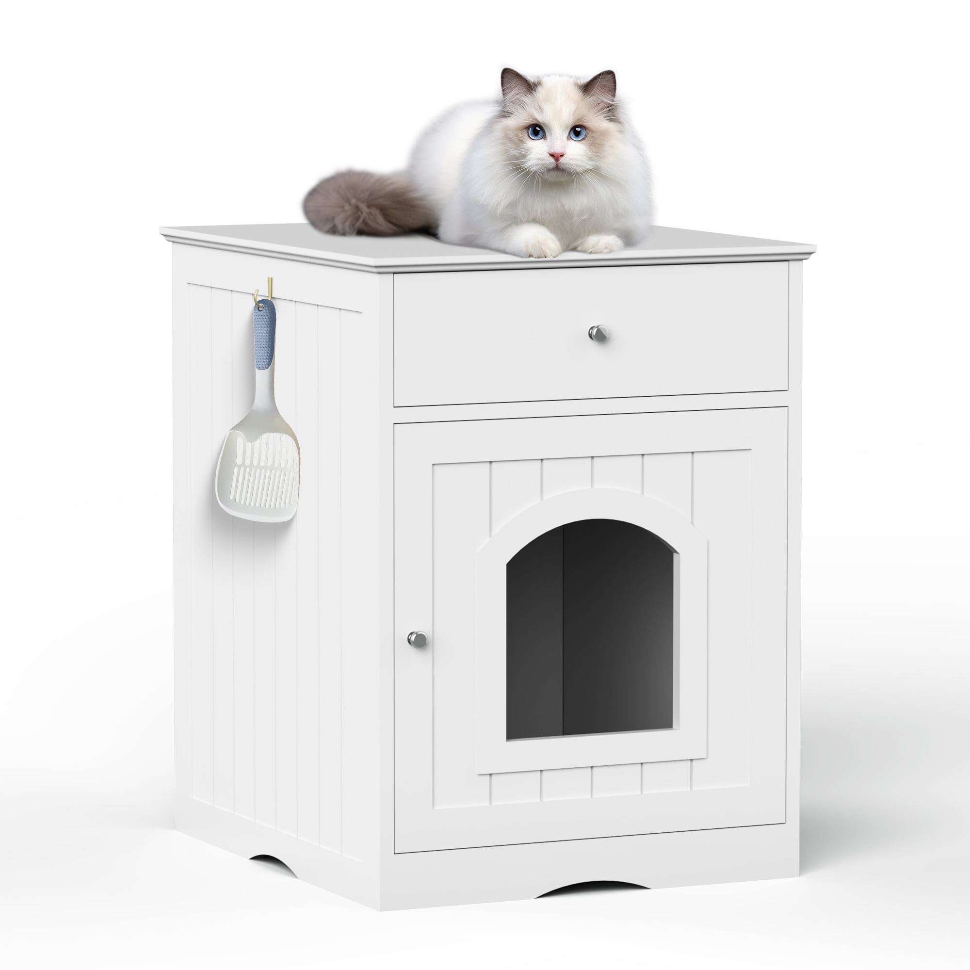 Wooden Cat Litter Box Enclosure with Drawer, White Indoor Pet Crate & End Side Table Nightstand, Hidden Cat Washroom Furniture