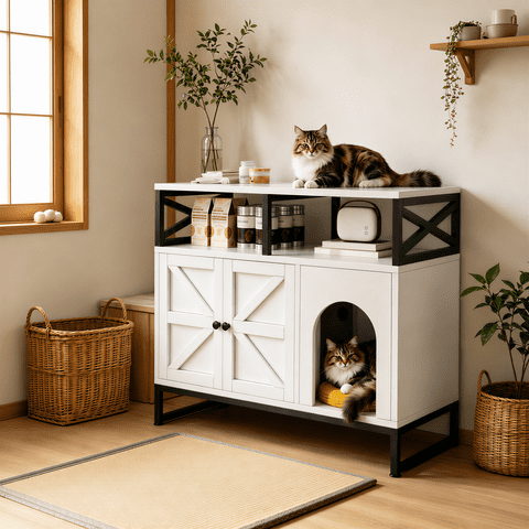 Wooden Cat Litter Box Furniture with Adjustable Shelves,Hidden Cat Litter Box Enclosure Furniture for Pet Supplies White