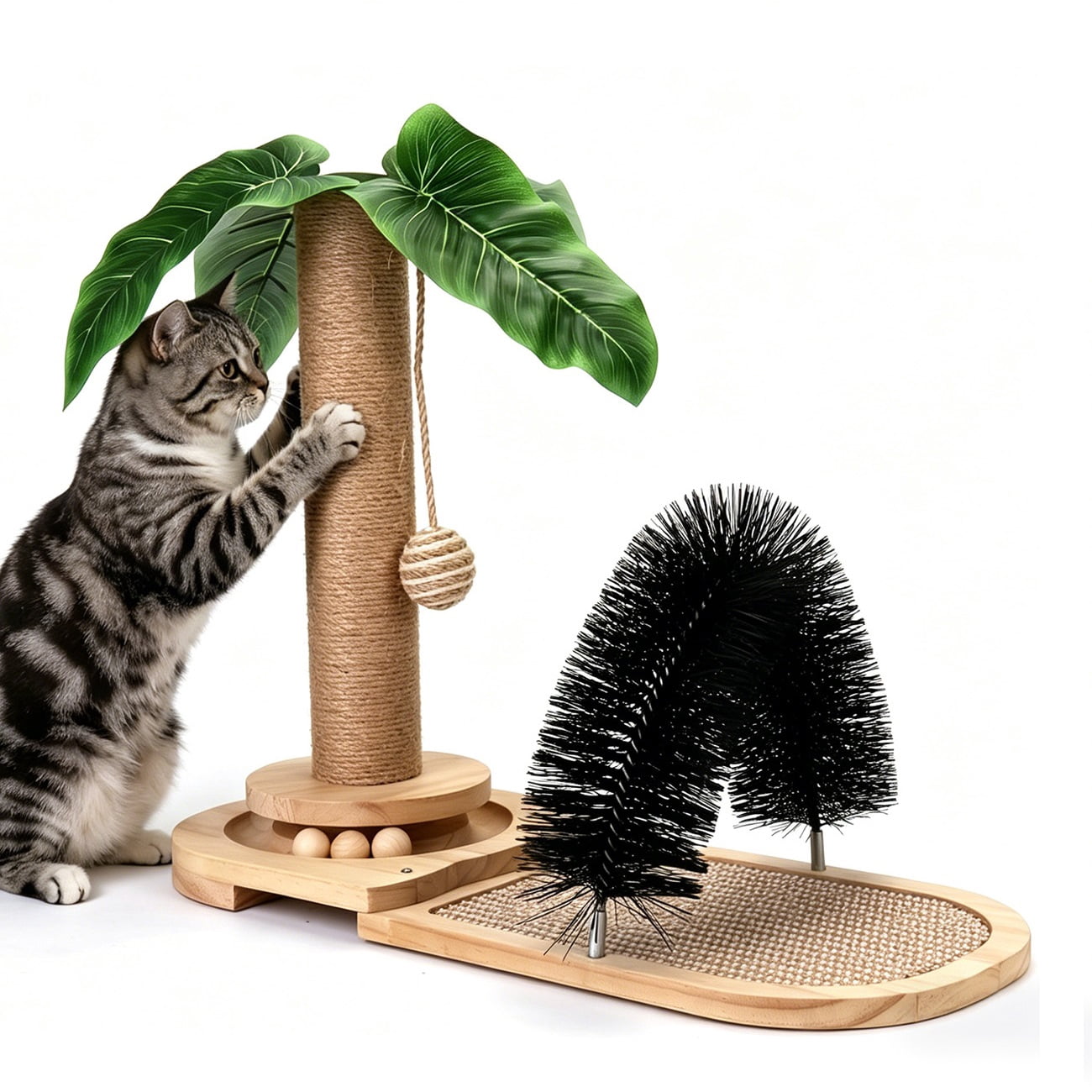 Wooden Cat Scratcher with Sisal Scratching Post, Cat Activity Center with Grooming Brush and Hanging Toy, Small Cat Tree for Indoor Cats and Kittens