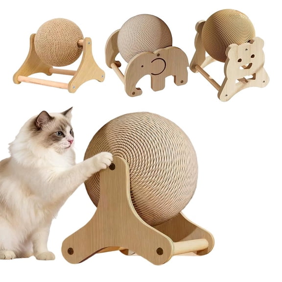 Wooden Cat Scratching Ball Toy with Sisal Rope, Elephant Shape Rotating Cat Scratcher for Indoor Cats, Interactive Furniture Protection Scratch Toy