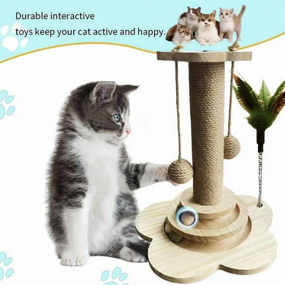 Assembly Required Engineered Wood & Sisal Cat Scratching Post with Dangling Balls & 2 Layer Wooden Ball Track, Beige