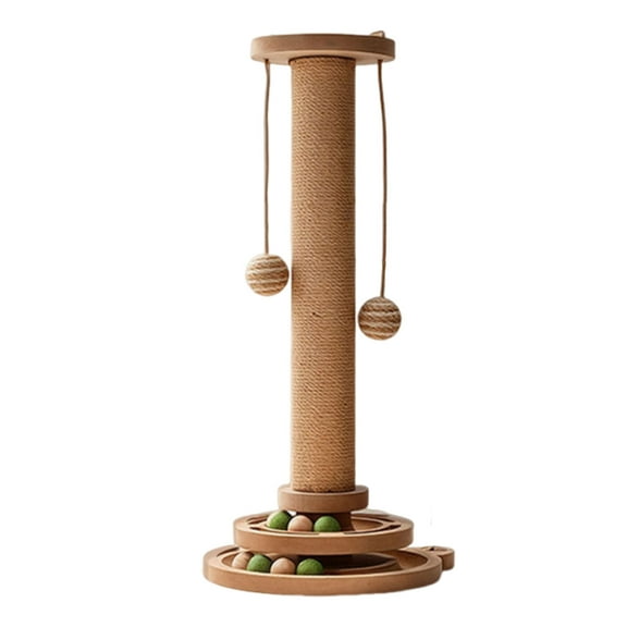 Wooden Cat Scratching Post & Play Center - 4-in-1 Design with Sisal Scratcher, Interactive Balls & Feather Toys - Durable Furniture-Saving Solution for Indoor Cats