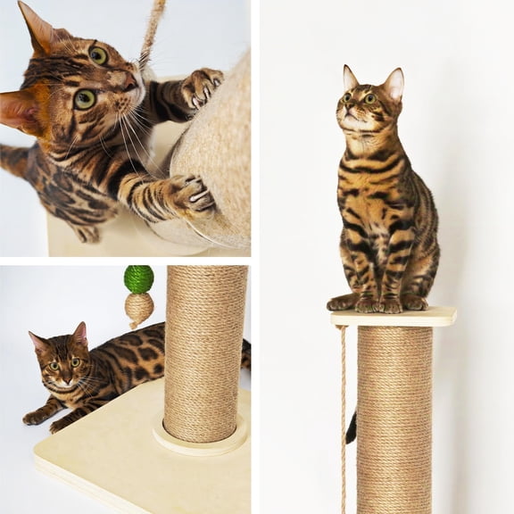 Wooden Cat Scratching Post, Sturdy 35'' Tall Natural Sisal Cat Scratcher with Thick Solid Wood Base for Adult Cats Indoor, Jumbo Durable Stable Cat Scratcher Tower