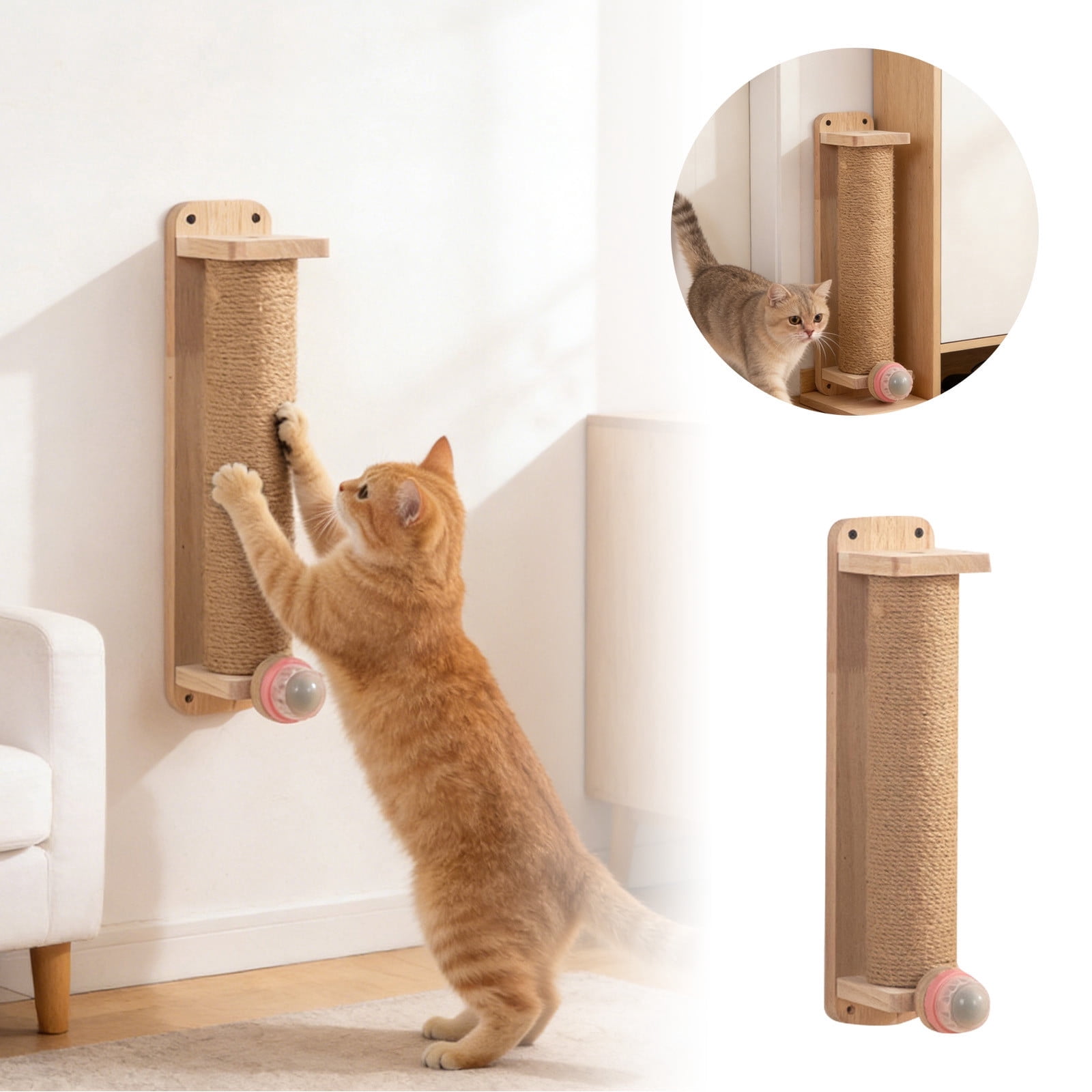 Wooden Cat Scratching Post for Indoor Cats with Jute Wrap Scratch Pad Natural Wood Construction Nail Grinding Toy for Pet Cats