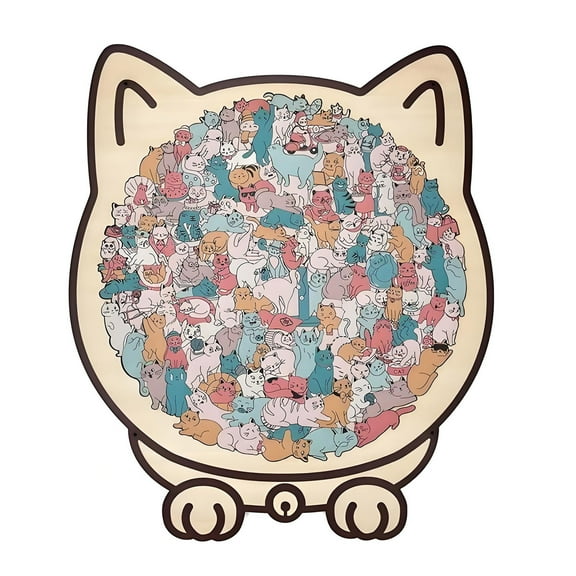 Wooden Cat Shaped Jigsaw Puzzle with Cartoon Animal Pattern, Unique Interlocking Pieces, Family Game Activity Gift