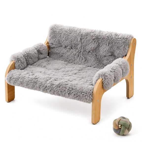 Wooden Cat Sofa Bed, 27.2"x18.6" Fluffy Elevated Pet Couch for Cats & Small Dogs