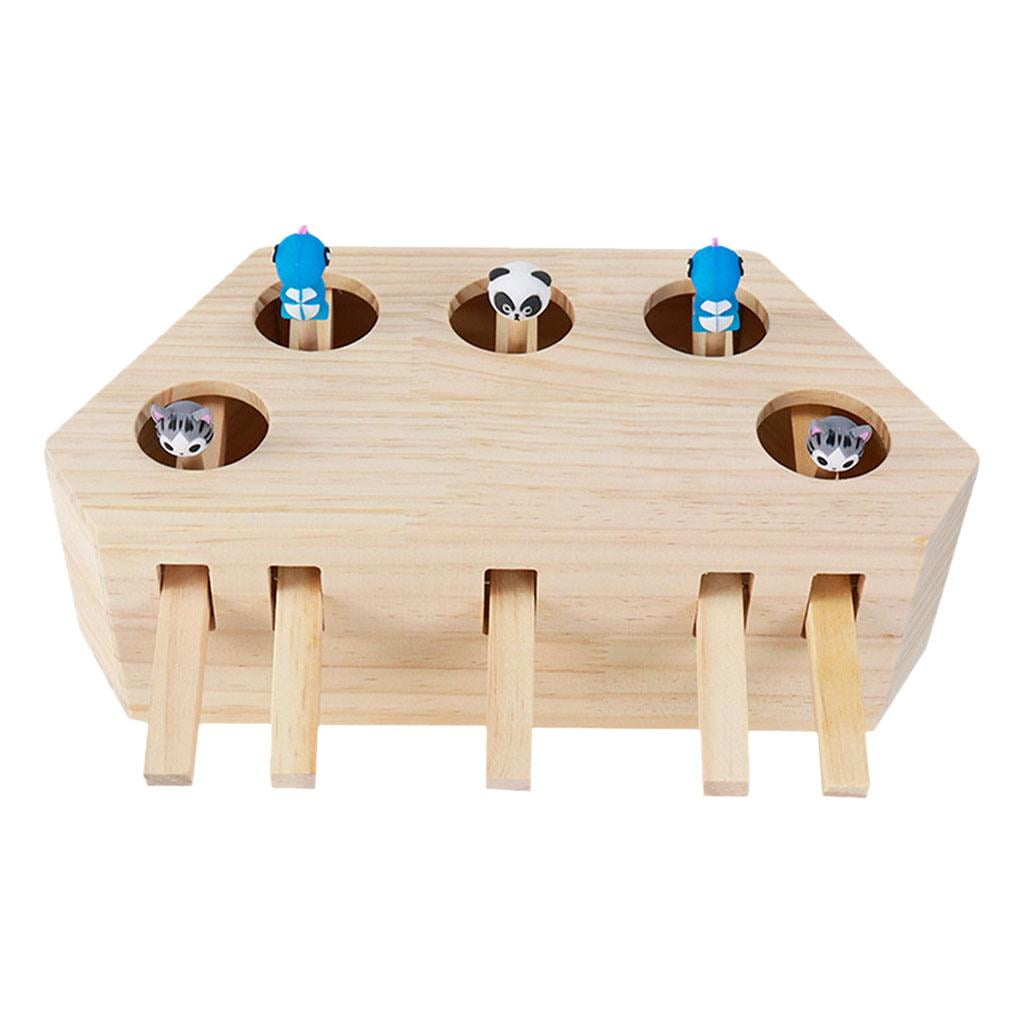 Wooden Cat Toy Box, Interactive Cats Kitten Toy with Cartoon Animal, Holes 5 Holes