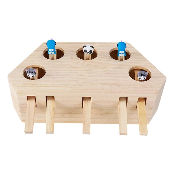 Wooden Cat Toy Box, Interactive Cats Kitten Toy with Cartoon Animal, Holes 5 Holes