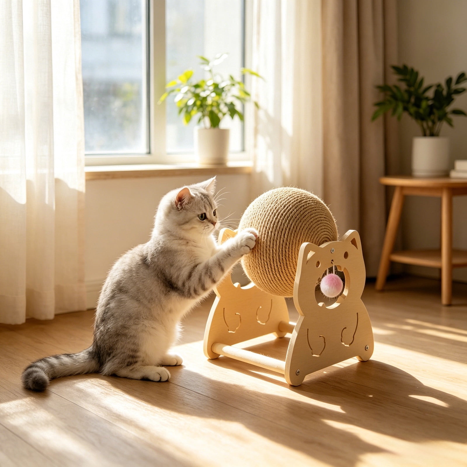 Wooden Cat Toy Cat Scratcher Ball with Natural Sisal Interactive Spinning Scratching Toy with Hanging Ball for Indoor Cats to Relieve Boredom Protect Furniture