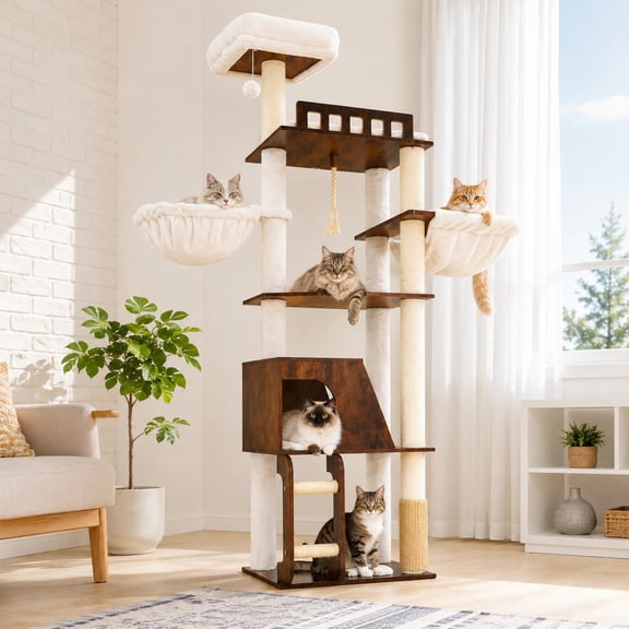 Wooden Cat Tree, 69.7 inch Cats Furniture Tower with Large Platforms, Hammocks, Spacious Condo, Full Sisal Scratching Posts, Ladder, Brush, Water Proof Surface, Rustic Brown