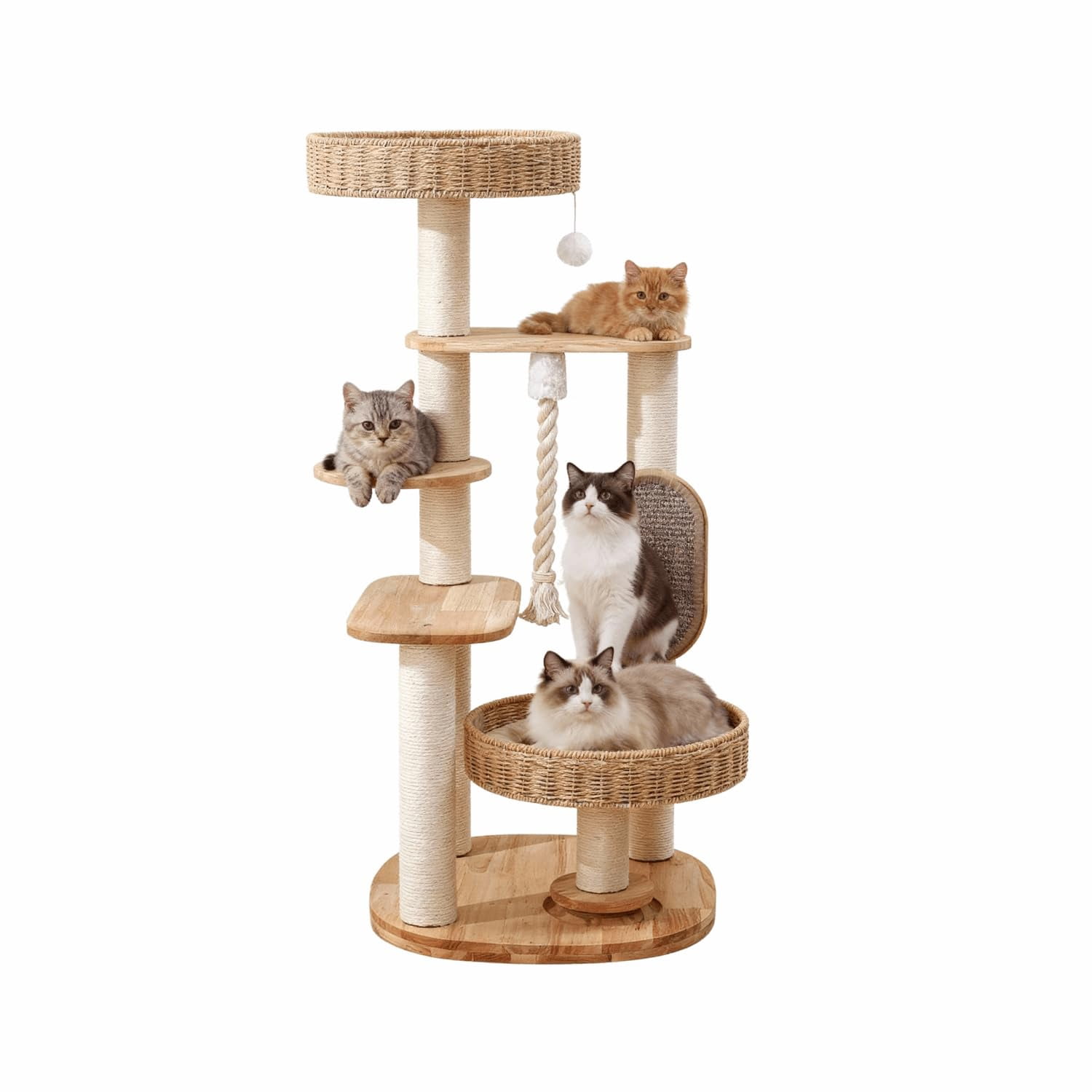Wooden Cat Tree For Large  Tall Tower With Indoor Cats Multi-level Condo Hand-woven Bed And Board Easy To Clean (48in)