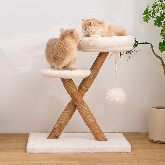 Cat Tree Cat Scratching Post 27 Inches, Solid Natural Log Wood Small Cat Tower with Dual Plush Perches