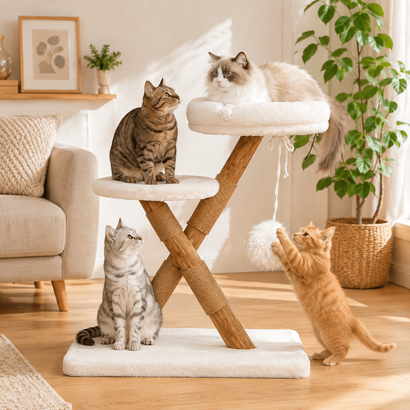 27-Inch Small Cat Tree for Indoor Cats, Solid Pear Wood X-Frame with 2 Plush Perches, Sisal Scratching Areas and Hanging Pom-Pom, Beige