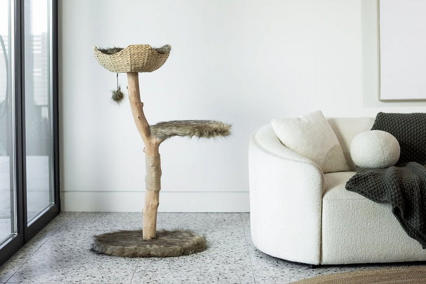 Modern Brown Faux Fur and Wicker Cat Tree Tower