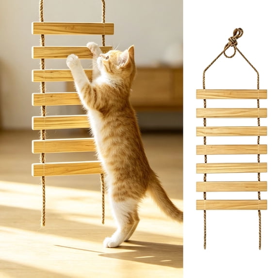 Wooden Cat Wall Ladder, Hanging Cat Climbing Bridge Shelf With Sisal Rope Steps, Wall Mounted Cat Climber Stairway For Indoor Cat Activity Play, Suspended Design