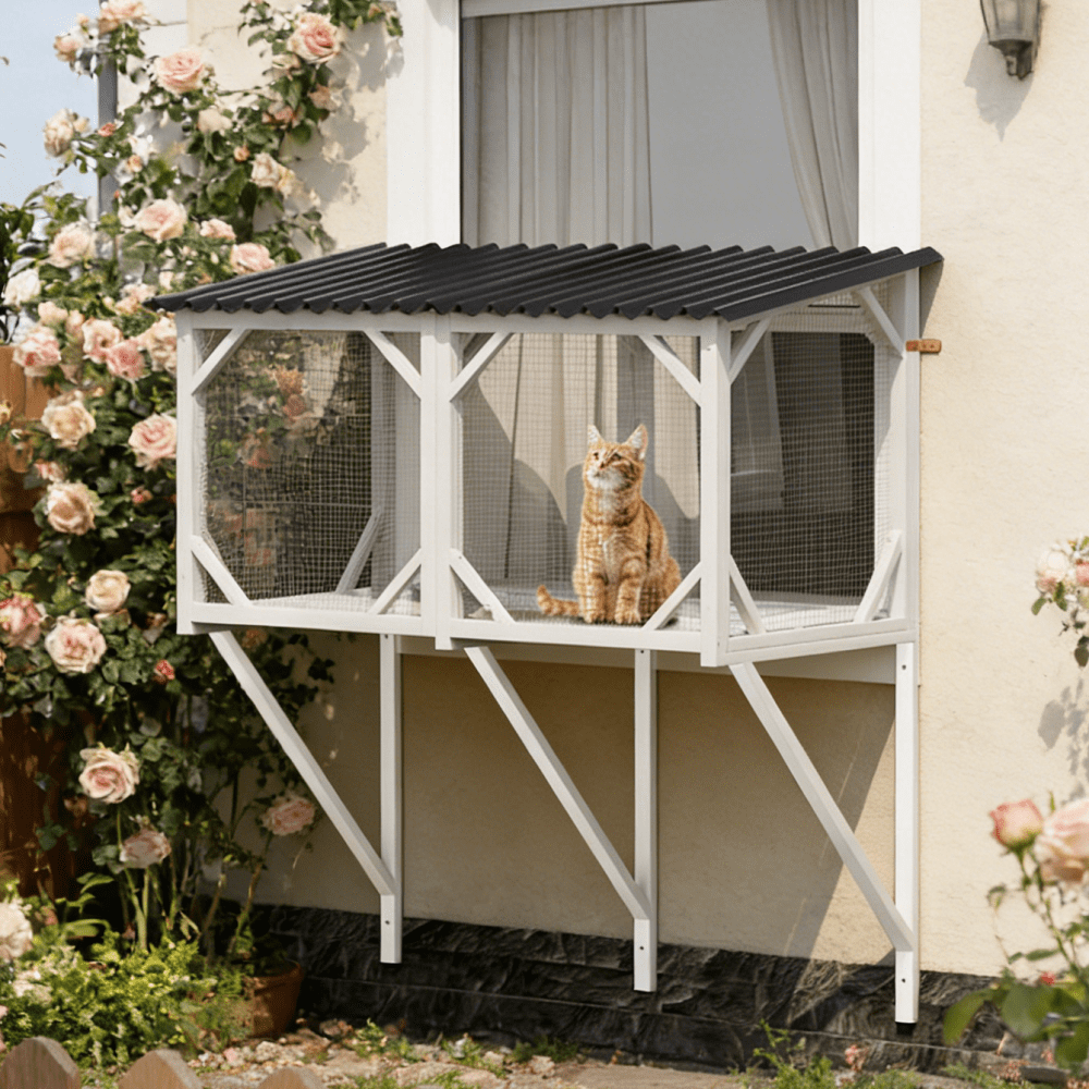 Wooden Cat Window Perch & Catio Hammock for Large Indoor Cats, Sunbathing & Outdoor Viewing