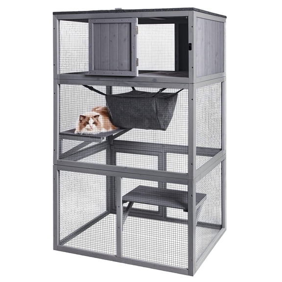 Wooden Catio Enclosure for Indoor Outdoor Use, 3-Story Large Cat Playpen with Hammock Resting Box, Waterproof Roof and Breathable Mesh, Grey