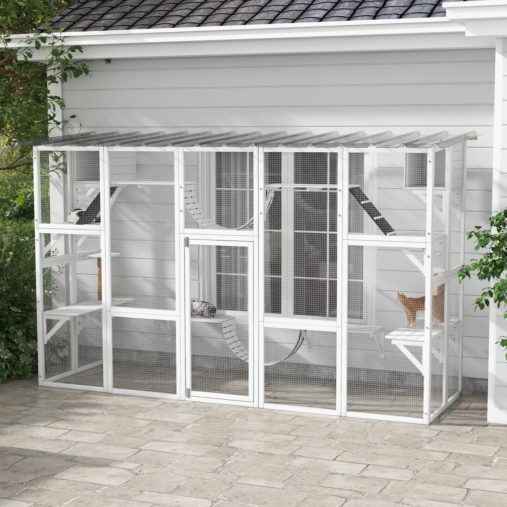 Wooden Catio Enclosure for Outdoor Cats with Shelves Bridges and Weatherproof Roof, Spacious Play Area for Multiple Kitties, White