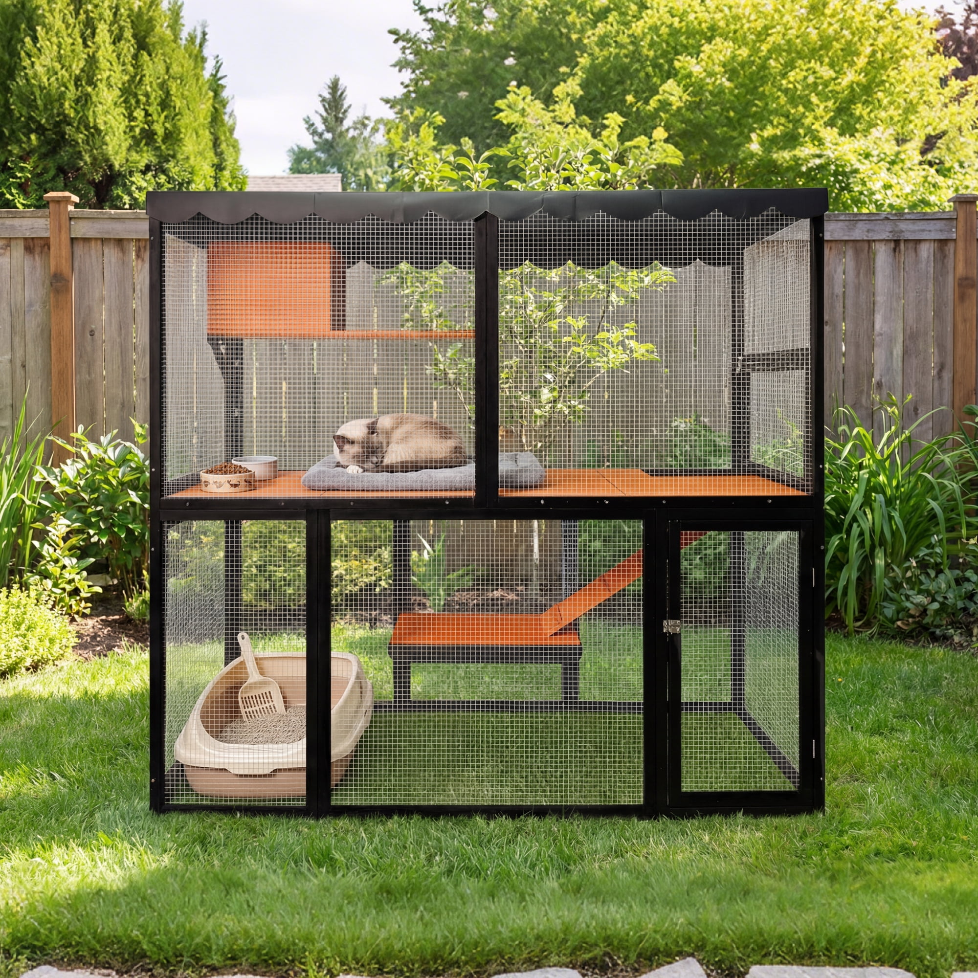 Wooden Catio Outdoor Cat Enclosure Large Cat House for Mulitiple Cats Walk ,Indoor 4 Tier Cat Enclosures House , Outdoor Cat Catio with Waterproof Cover,Ramp