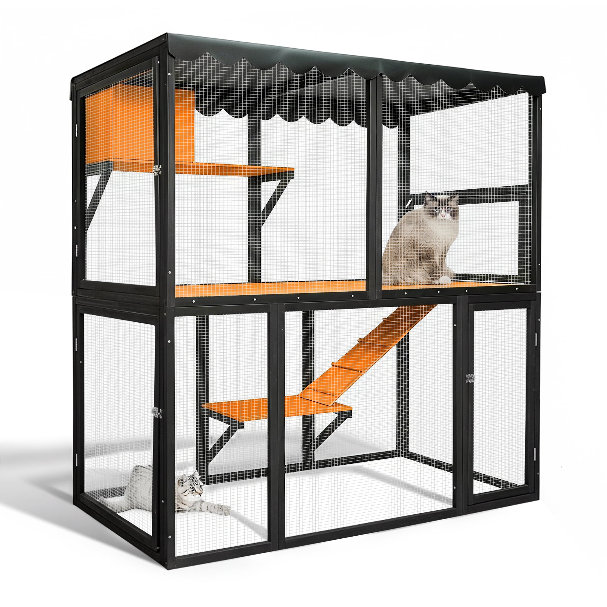 Wooden Catio Outdoor Cat Enclosure Large Cat House for Mulitiple Cats Walk ,Indoor 4 Tier Cat Enclosures House , Outdoor Cat Catio with Waterproof Cover,Ramp