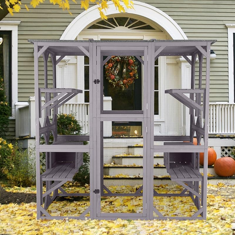 Wooden Catio Outdoor Cat Enclosure,Large Luxury KittyHouse with 7