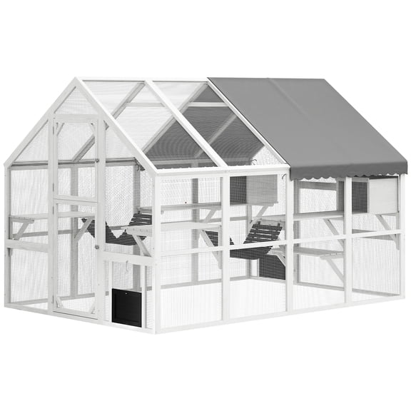 Wooden Catio Outdoor Cat Enclosure with Waterproof Cover, 2 Condos, 6 Platforms, Bridge, Doors, White