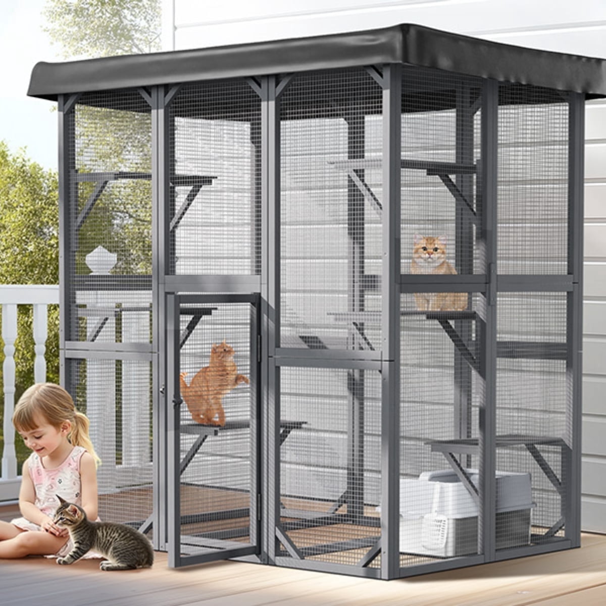 67"H Wooden Catio Outdoor Cat Enclosure with Waterproof Roof, DOMIPET 71"W Large Cat House for Mulitiple Cats Walk in Cat Cage, Cats Feral Cat Shelter
